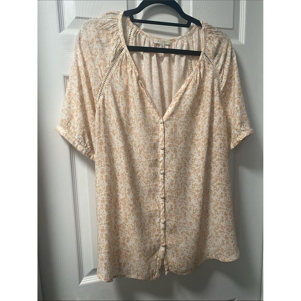 ANGELS-Forever Young Cream Pink & Tan Floral Button-Front Women's Top Sz Large - Picture 4 of 14
